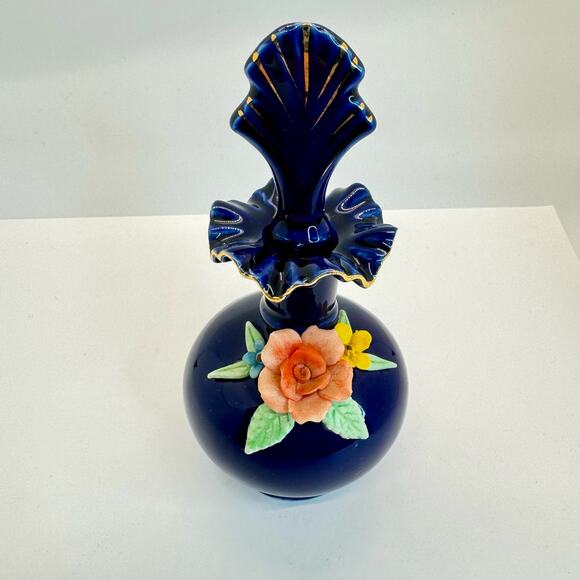 Decorative Perfume Bottle w/ Stopper Rose Flower Cobalt Blue Gold Ruffle Trim - Picture 1 of 10